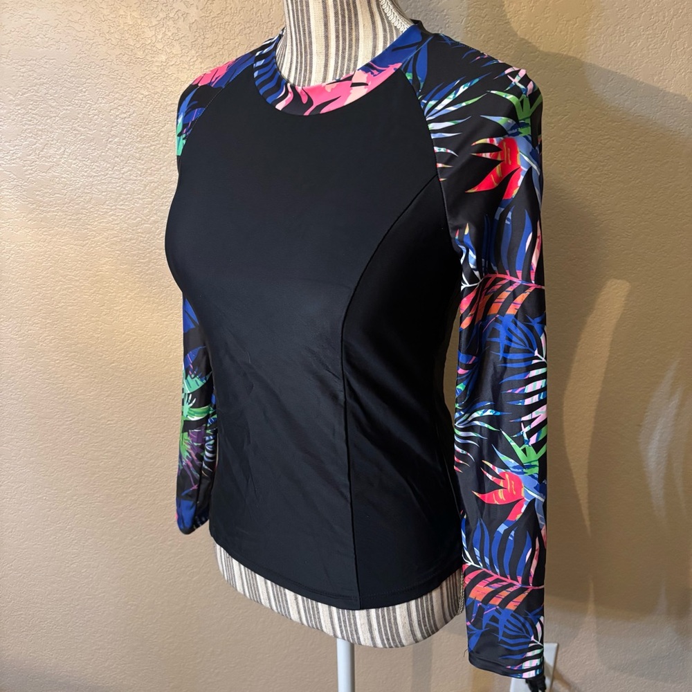 NEW BesserBay Rashguard Large Black Long Sleeve Tropical Floral Raglan Swim Tee - Picture 7 of 15